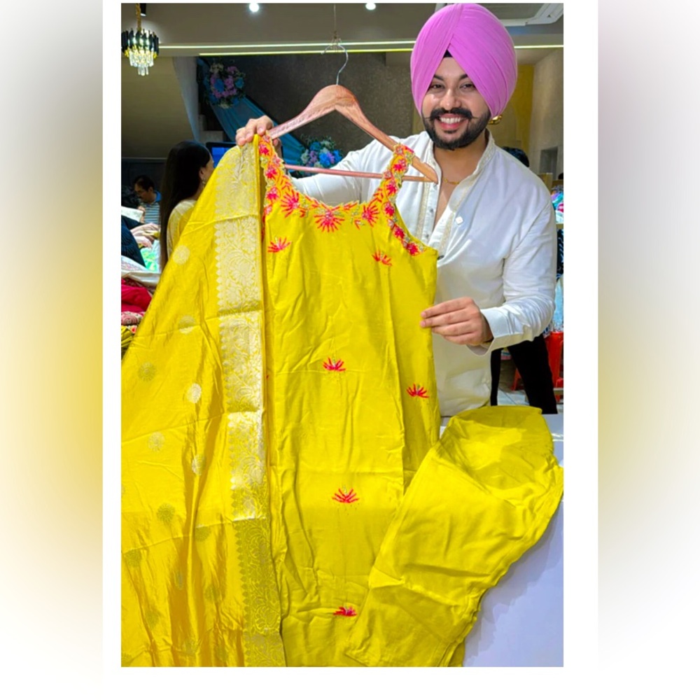 Vibrant Yellow soft silk Embroidered suit